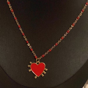 Heart Red Necklace, Heart Charm, Luck Gift, Red Heart Necklace, Red Heart Gold Chain Necklace, Dainty Necklace, Beaded Gold Red Necklace