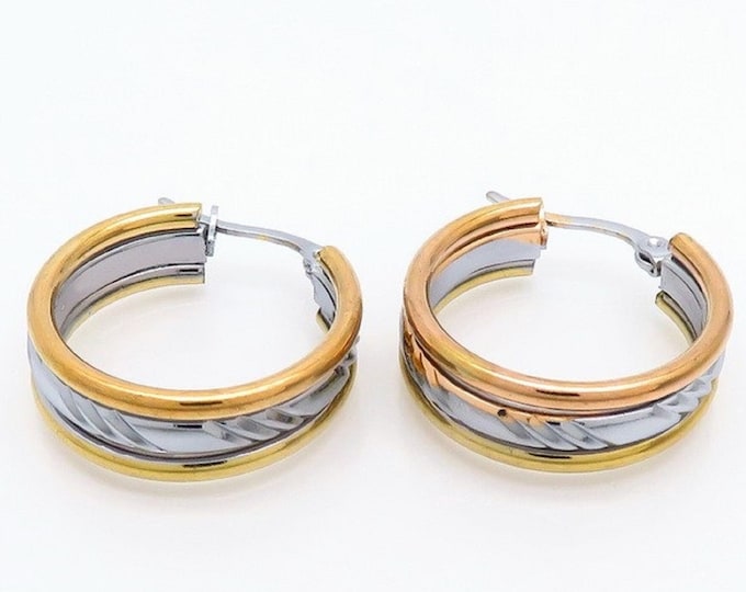 Three Tone Textured Hoop Earrings - Silver, Gold, and Chunky Hoops - Stylish Earrings for Women - Cartilage Huggie Jewelry