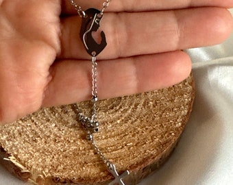 Terço Prateado com Corrente de Aço Inoxidável e Pingente da Virgem Maria