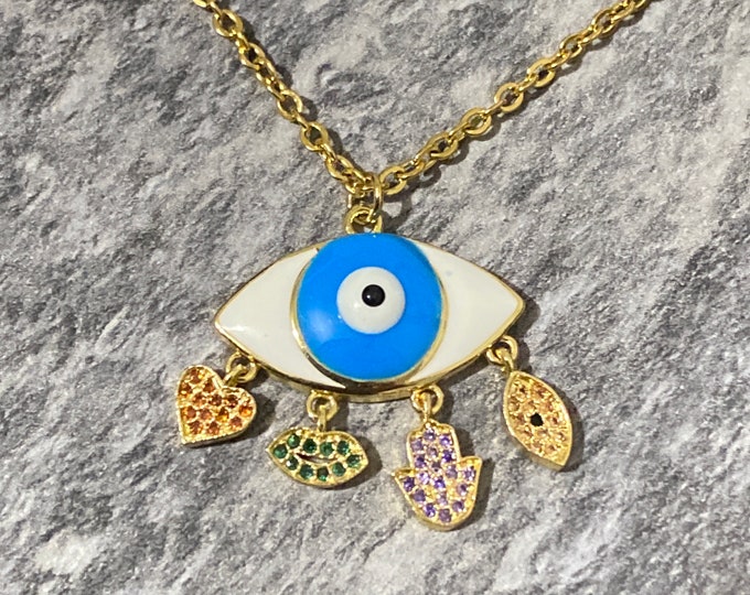 Evil Eye Necklace Gift Set - Hamas Jewelry for Protection & Good Luck - Perfect Birthday Gift for Her - Gold Turkish Evil Eye Necklace