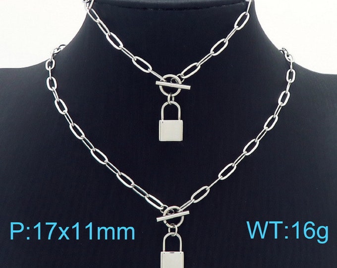 Padlock Necklace & Brazalete Set - Silver Box Chain with Minimalist Padlock Pendant - Lock Charm Necklace - Set Plateado con Candado"