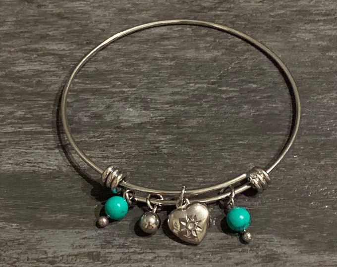 Bangles Bracelet Silver Tone - Heart Charm & Stone Mother's Day Gift - Stainless Steel Bracelet - Bracelet - I Love Charm Bracelet - Jewelry