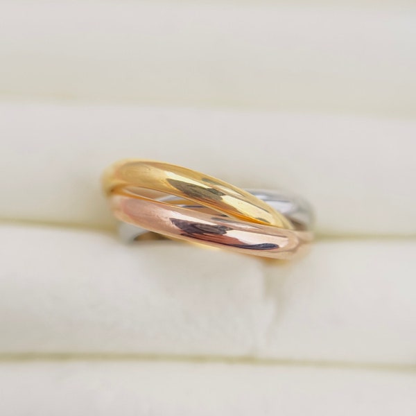 Dreifarbiger Interlock Ring Edelstahl 3 Rolling Rings in Gold, Silber & Roségold - Statement Multi-Band - 3 mm