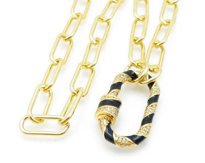 Gold Paperclip Chain Necklace - Mosqueton Charm - Black Gold Enamel Carabiner with Cubic Zirconia Screw - Trendy and Stylish