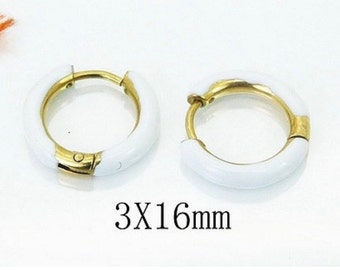 Enamel Huggie Hoop Earrings, Gold Stainless Steel Hoops, Black or White
