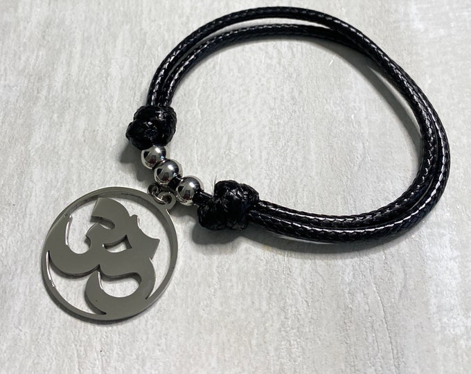 Bracelet Aum Om Ohm Sanskrit Symbol Charm Yoga Spiritual Harmony Bangle Leather Bracelet For Women and Stainless Steel, Om Charm, Zen