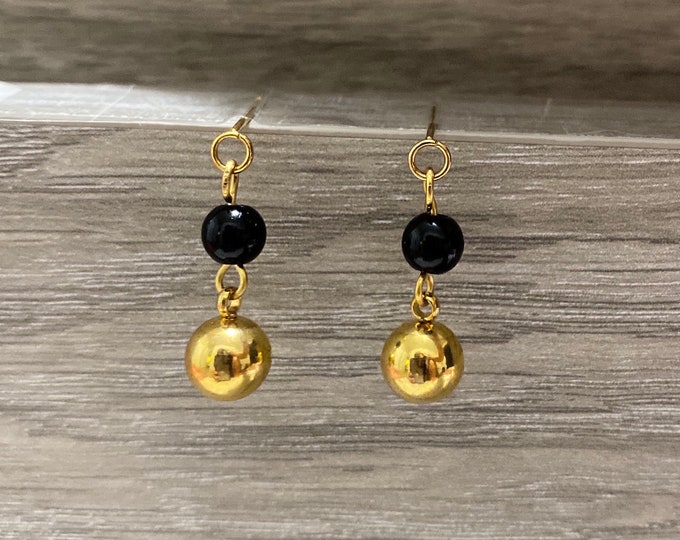 Double Drop Ball Earrings / Double Ball Wire Dangle Earrings / Double Ball Earrings - Stainless Steel (Gold) Black Dangle