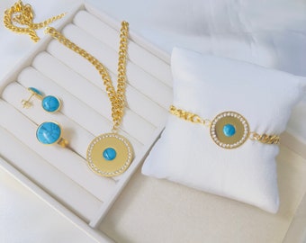 Conjunto de joyas de turquesa: collar, pendientes y anillo con colgante redondo