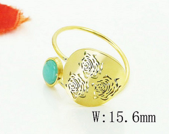 One stone swirl ring • Gold dainty flower ring • Gold rings women • Wide rings • Anillo dorado ajustable con piedra aquamarin •