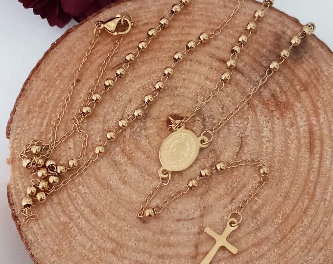 Rosary Necklace, Gold Rosary Necklace, Catholic Jewelry Plain Cross Confirmation Anniversary Gift, Miraculous, Dainty Necklace, Gold Rosario