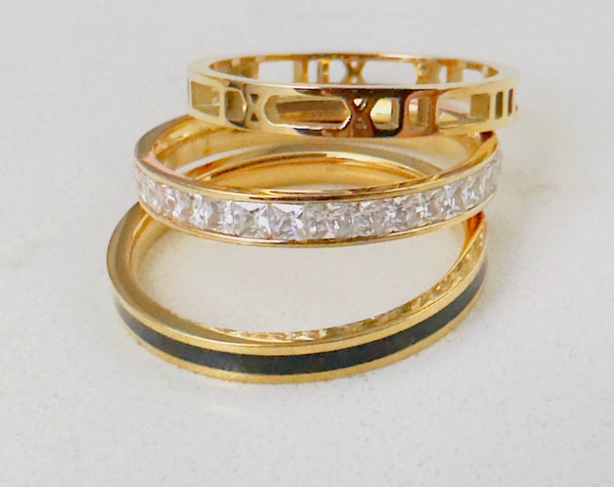 Cubic Zirconia Minimalist Stackable Band Rings - Stainless Steel - Three Bands - Finos Anillos para Mujer"
