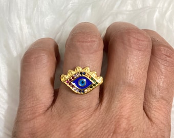 Bague en or Evil Eye, détail multicolore, superposition de bagues