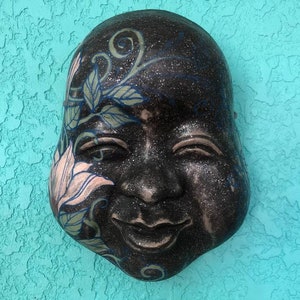 Hand-painted Otafuku Okame Clay mask, Ceramic Uzume women mask