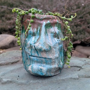 May include: A ceramic face planter with a blue and brown crackle glaze. The planter has a human face design and is filled with a trailing green succulent plant. The planter is sitting on a gray stone surface.