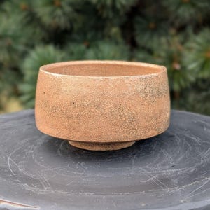 May include: A handcrafted, round ceramic bowl with a textured, crackled surface in shades of brown and tan. The bowl has a wide opening and a small, circular base. The background is blurred green foliage.