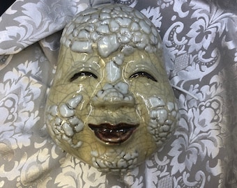 Máscara RAKU Otafuku Okame Clay, máscara de mujer Uzume de cerámica