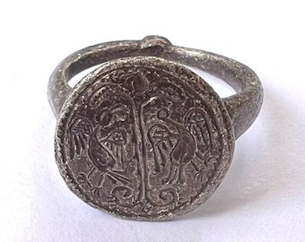 Oude middeleeuwse Viking-tijdperk zilveren ring met 2 raven - Huginn & Muninn / ZEER ZELDZAME oude ring