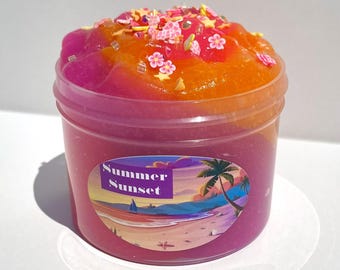Slime de gelatina de atardecer de verano con flores tropicales kawaii, fimos con aroma a frutas tropicales, ASMR, una gran idea de regalo para cualquier ocasión y para todas las edades