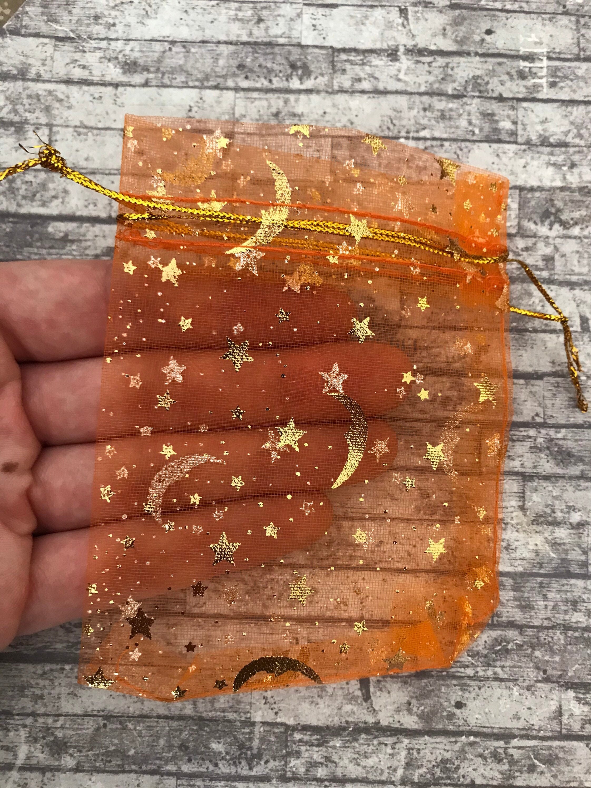 Cute Baby Shower Party Bags, Wedding Favor Gift Bags 12 x 9cm Orange Star and Moon Organza Bags Gold Drawstring Jewelry Pouches