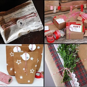 May include: A collection of gift wrapping ideas featuring brown paper packages tied with red and white baker's twine. Some packages are decorated with white stars, while others have a plaid pattern and a sprig of greenery. The twine is also used to create a festive garland with colorful washi tape.