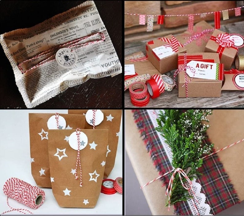 May include: A collection of gift wrapping ideas featuring brown paper packages tied with red and white baker's twine. Some packages are decorated with white stars, while others have a plaid pattern and a sprig of greenery. The twine is also used to create a festive garland with colorful washi tape.