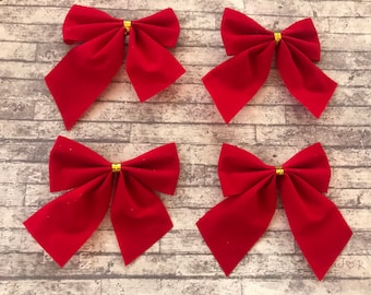 Red Velvet Flocked Bows, Christmas Embellishments (8 x 7cm)