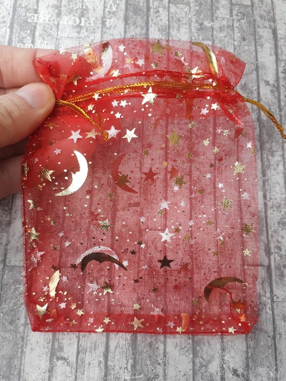 Cute Baby Shower Party Bags, Wedding Favor Gift Bags 12 x 9cm Orange Star and Moon Organza Bags Gold Drawstring Jewelry Pouches