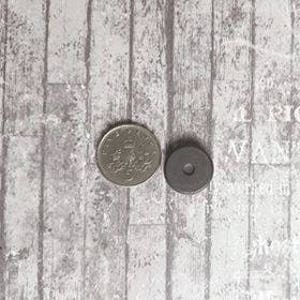 May include: A close-up of a small, round, black magnet next to a British one-pound coin. The magnet is about the size of a dime.