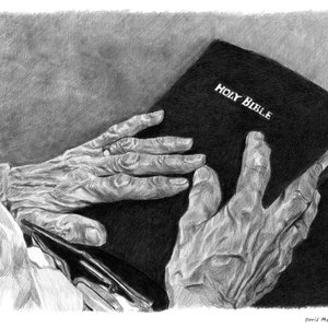 Clinging to Your Word: Elderly Hands Clutching Bible Drawing (8x10 print)