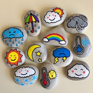Weather Story Stones, handbemalte Steine für Kinder lernen, Hausschulwerkzeug, handgefertigtes Spielzeug, Wetterkarte, Montessori-Lernen