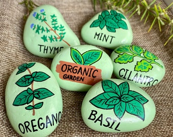 Set of 5 Herb Garden Markers, Painted Stones, Herb signs, Plant tags, Gift for Mom Grandmother, Gardener gifts