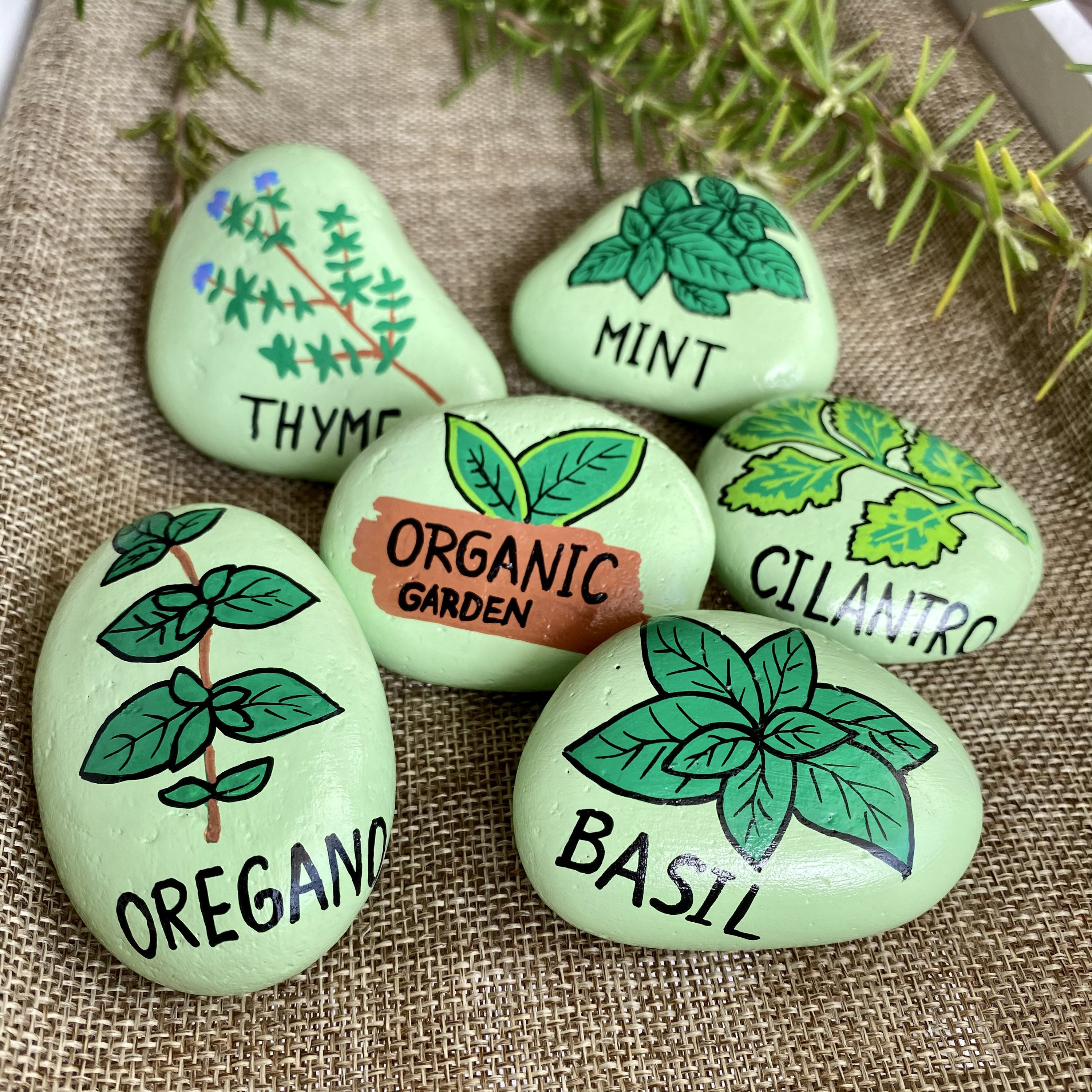 Set of 5 Herb Garden Markers, Painted Stones, Herb signs, Plant tags, Gift for Mom Grandmother, Gardener gifts