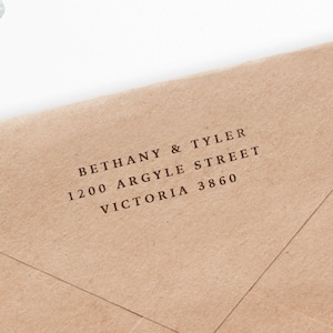 Return address stamp for wedding envelope  with classic typography