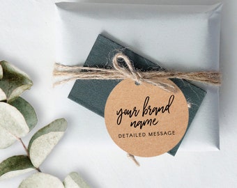 Brand product tags with your logo or our design template | Company or shop tags | 50mm kraft or white cards | Soap packaging swing tags