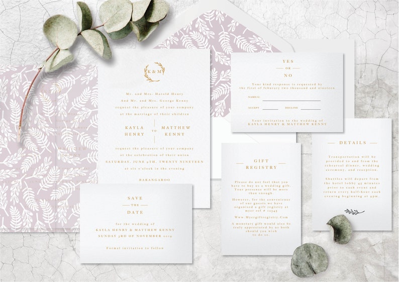 Classic Wedding Invitation Design with Modern Calligraphy Printable Invite Elegant Initial Logo Modern Minimalist Letterpress Design