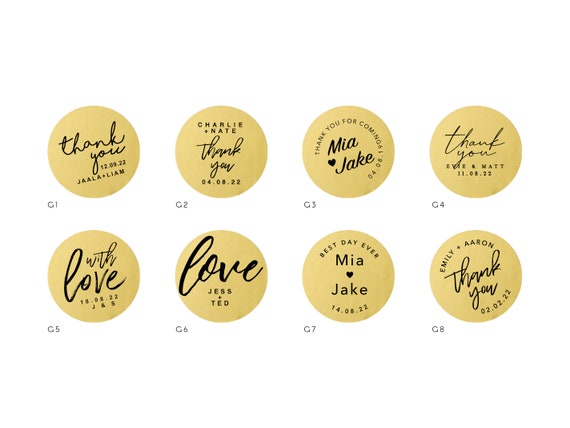 Metallic GOLD CIRCLE Wedding Favour labels personalised for wedding gifts 100 