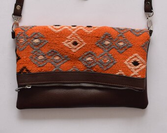 Kilim Bag-028 Bohemian Bag Rug Carpet Leather Foldover Clutch Southwestern bag purse Boho Bag Hippie Ethnic Tribal Authentic bag