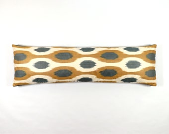 Bed lumbar pillow 12x48 Ikat silk velvet extra long 30x120 ethnic boho decor throw pillow case gold yellow black blue uzbek cushion cover