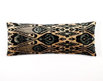 Bed lumbar pillow 12x48 Ikat silk velvet extra long 30x120 ethnic boho decor throw pillow case gold yellow black blue uzbek cushion cover