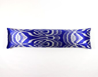 Bed lumbar pillow 12x48 Ikat silk velvet extra long 30x120 ethnic boho decor throw pillow case gold yellow black blue uzbek cushion cover