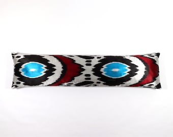Bed lumbar pillow 12x48 Ikat silk velvet extra long 30x120 ethnic boho decor throw pillow case gold yellow black blue uzbek cushion cover