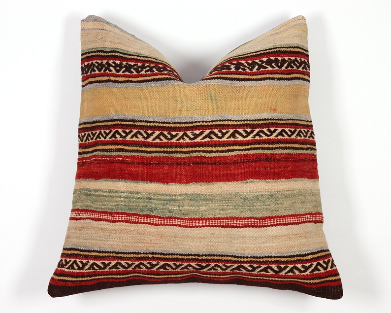 Kilim pillow 18x18 case 45x45 cover ethnic accent sofa couch seat bench floor beige red striped throw turkish boho pillow cushion cover