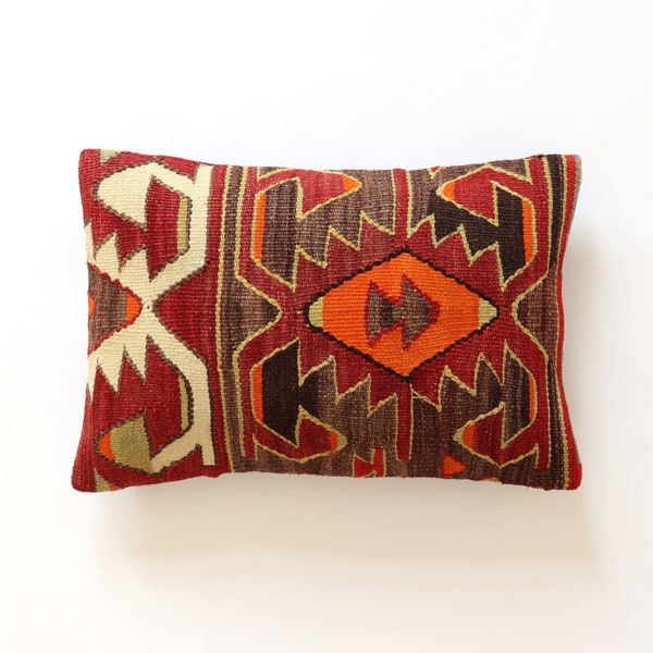 Kilim pillow 16x24 case 40x60 cm moroccan pillow earthy red white pattern turkish lumbar pillow boho throw pillow cushion cover geometric