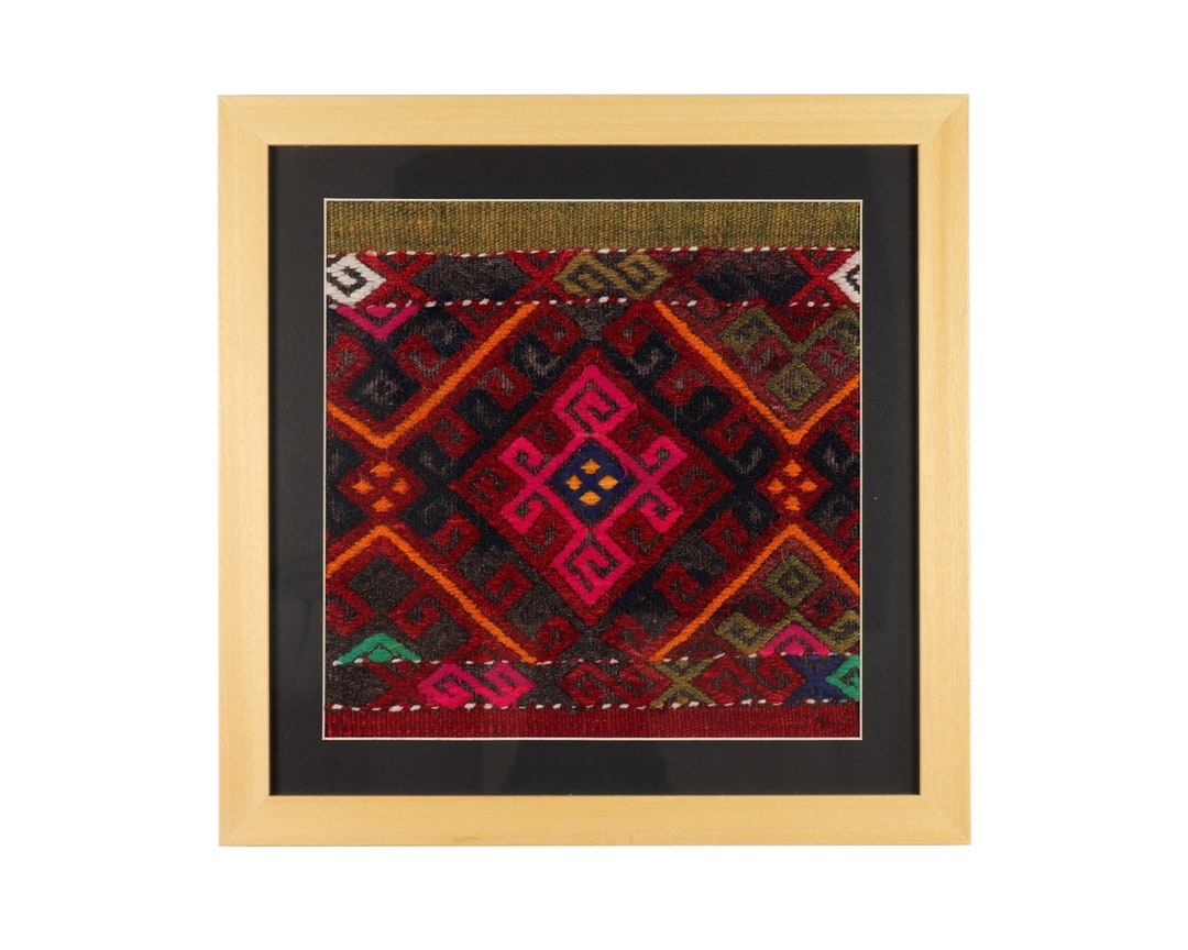 Framed Wall Art 16x16 Vintage Kilim Rug Textile Fragment Handmade Boho