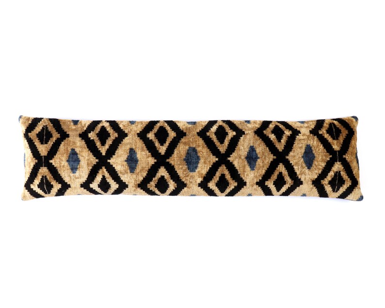Bed lumbar pillow 12x48 Ikat silk velvet extra long 30x120 ethnic boho decor throw pillow case gold yellow black blue uzbek cushion cover