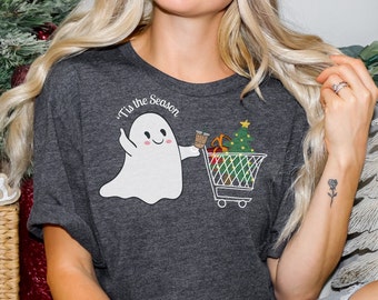 Bonita camiseta de fantasma navideño, camiseta de otoño de temporada espeluznante