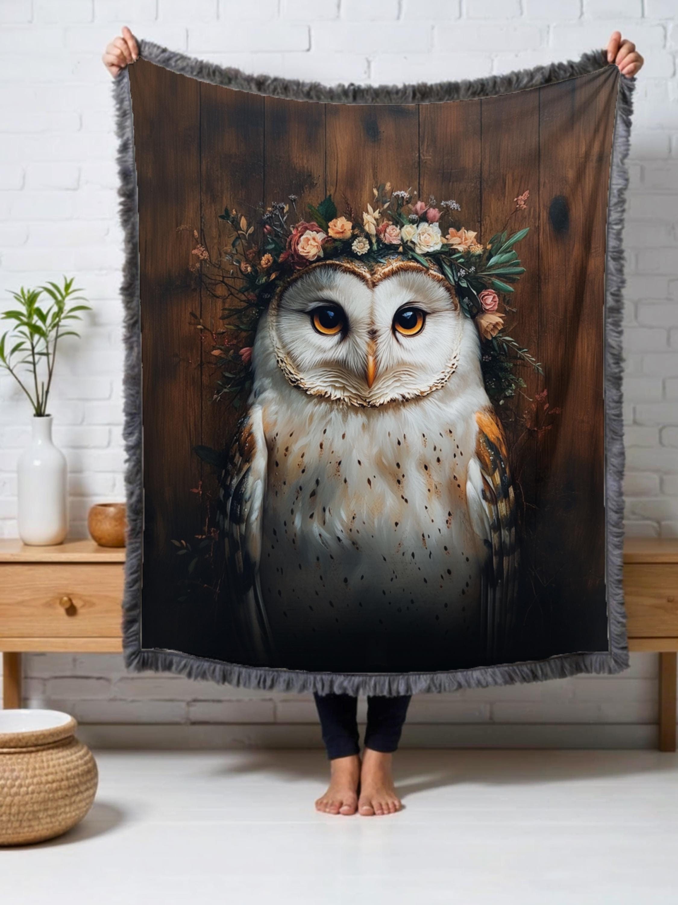Boho Owl Blanket: Flower Crown, Whimsical Home Decor