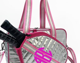 Cutest Pickleball quilted Patent faux leather tote w/ sling bag. detachable paddle bag.Optional:Embroidered Monogram or Name! 14”L x 11”x 5”