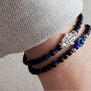 Hamsa hand bracelet, Evil eye bracelet, Minimalist bracelet, Hand of Fatima stretch bracelet, Black bead bracelet, Abundance and protection