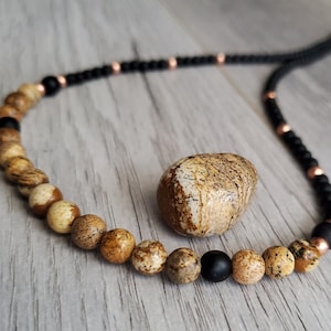 Picture Jasper Necklace, Copper & Brown stone bead necklace, Elegant Black beaded necklace, Copper jewelry, Gemstone necklace, Birthday Gift